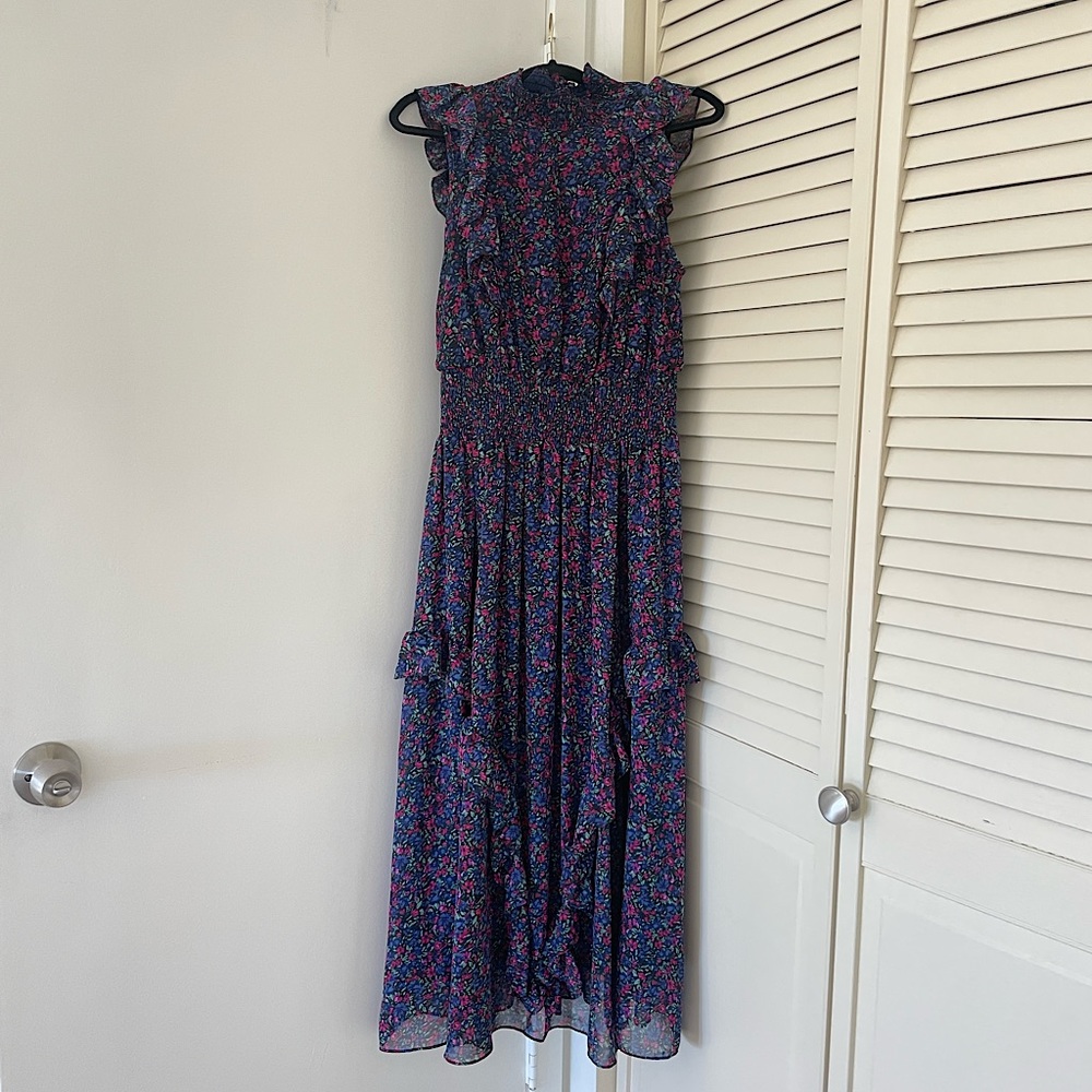 Lulus Evalina Navy Floral Print Mock Neck Midi Dress | Size M